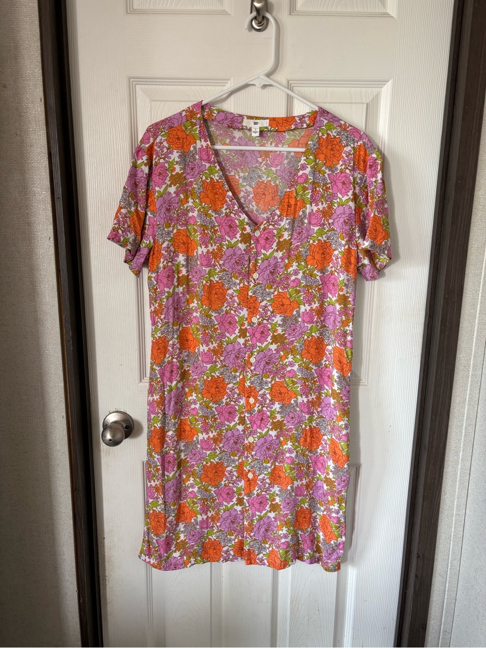 bp Floral V-Neck Short Sleeve Mini Dress in Orange & Pink